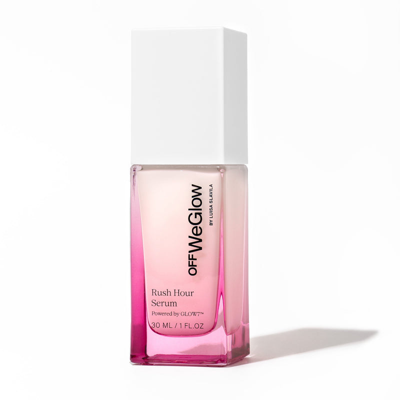 Off We Glow Rush Hour Serum pink glass bottle with white cap on a white background