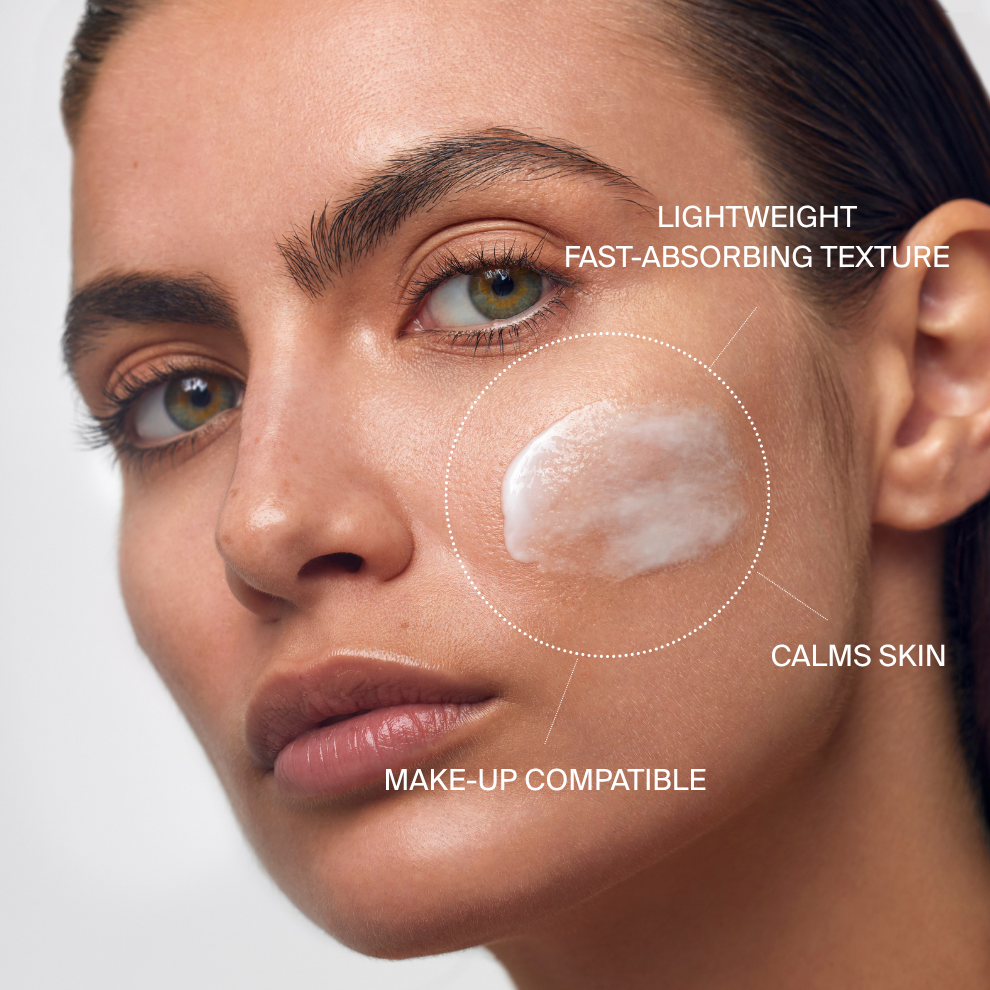 Close-up of woman with Rush Hour Serum texture on cheek highlighting lightweight, fast-absorbing, calming and makeup-compatible benefits