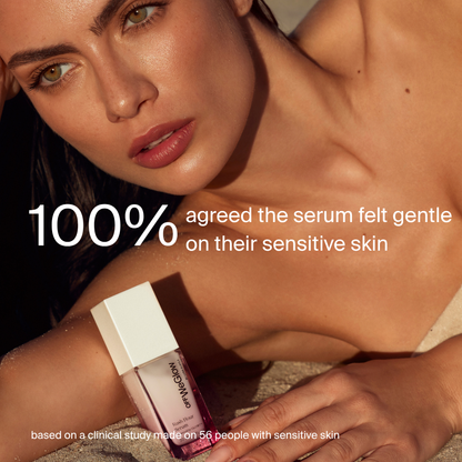 Off We Glow Rush Hour Serum with model, highlighting that 100% of study participants agreed the serum felt gentle on sensitive skin