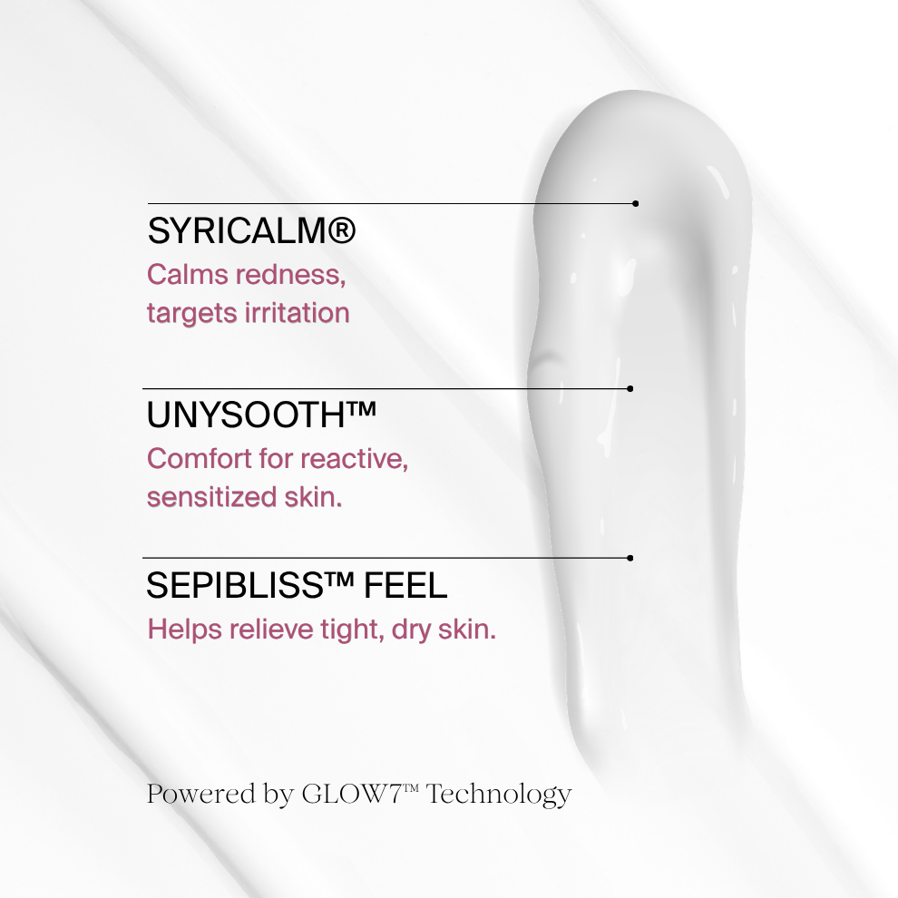 Rush Hour Serum GLOW7™ Technology featuring Syricalm®, Unysooth™ and Sepibliss™ Feel to help calm and comfort sensitive skin