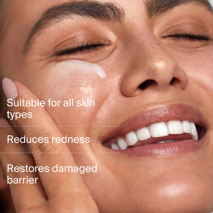 Woman applying Rush Hour Serum, highlighting suitability for all skin types, reduced redness, and skin barrier support
