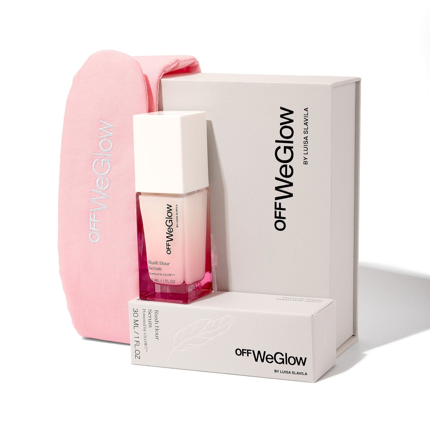 Pink skincare bottle and packaging with 'off WeGlow' branding on a white background