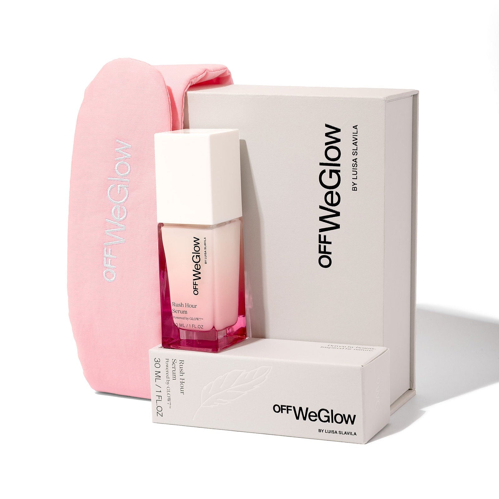 Pink skincare bottle and packaging with 'off WeGlow' branding on a white background