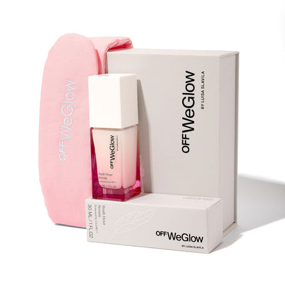 Pink skincare bottle and packaging with 'off WeGlow' branding on a white background