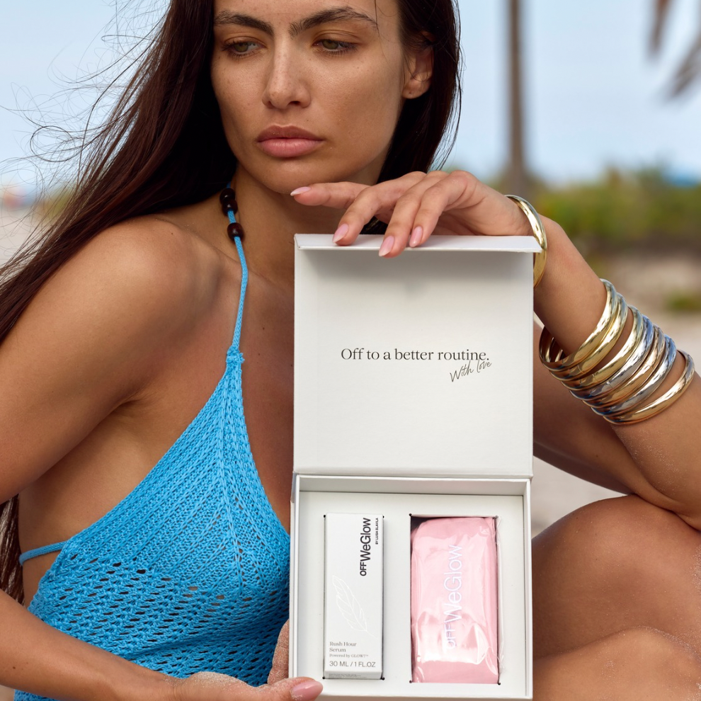 Off We Glow skincare gift set featuring Rush Hour Serum and branded skincare headband in premium gift box